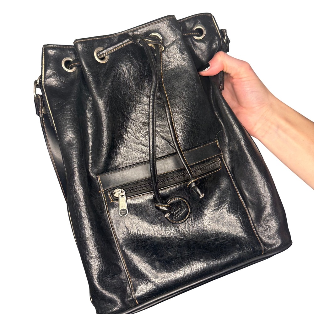 Vintage Black Leather Drawstring Bucket Purse